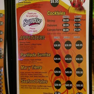 the menu for the restaurant