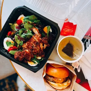 Crispy chicken salad / $13.25, Sausage, egg &amp; cheese / $10.25 + Hot tea / $5