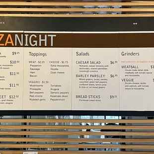 Menu for their special pizza Thursdays (menu from 4/20/23)