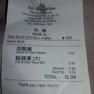 My receipt. I got a lot of food for this price.