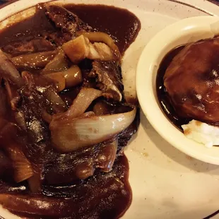 Hamburger steak, onions &amp; brown gravy, mashed potatoes