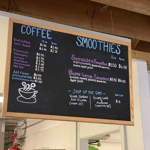 Coffee and Smoothie menu