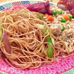 Large order of thin fried noodle is $5 and small fried rice is $4. They really fill up the whole take-out box! (My plate @ home)