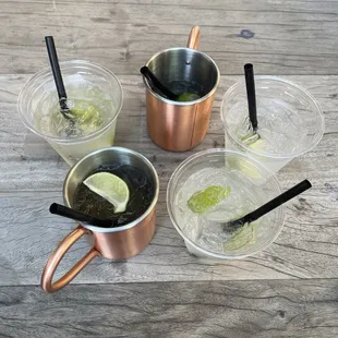 Grapefruit mule, regular mule, vodka soda lime x2, tequila soda lime
