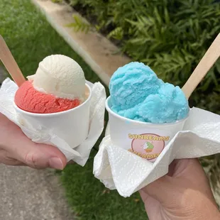 His and hers sherbet: Lilikoi and strawberry (left) and blue vanilla and coconut (right)