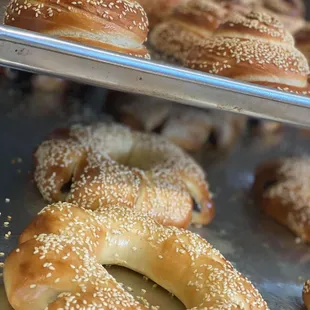 a variety of pretzels with sesame sprinkles