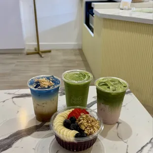 toffee latte, tropical greens, strawberry matcha, sunbliss bowl