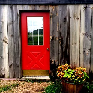 a red door and window