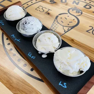 Ice cream flight (L to R): Toasted coconut, mint fudge, banana pudding, lemon scone