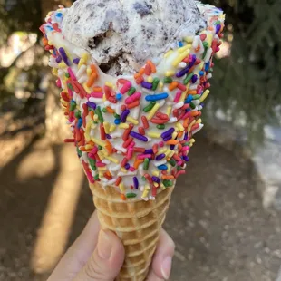 a cone of ice cream with sprinkles