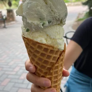 a person holding a cone of ice cream