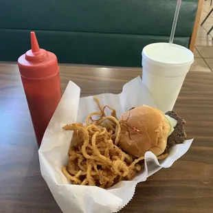 Swiss mushroom burger with onion rings