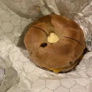 Egg and cheese on a cinnamon bagel.. egg didn&apos;t taste very fresh, possibly microwaved.