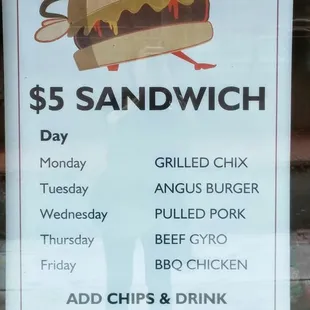 $5 Daily sandwich specials.