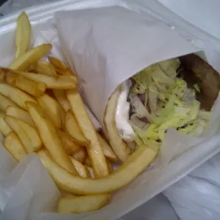 Gyro ( Tzatziki sauce(cucumber and sour cream), lettuce, tomato, onion and gyro meat in pita bread) - $6.95