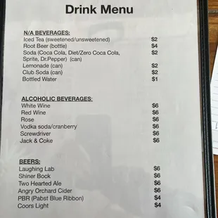 Drink menu