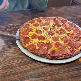 a pepperoni pizza on a plate