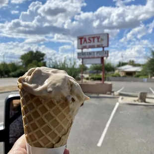 Hand scooped praline ice cream with big chunks of pecan