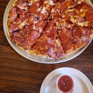 Pepperoni and Canadian bacon pizza. Delicious pizza, shakes, malts and just about anything you order, made as soon as you order it.