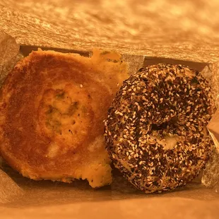 Upside down green chile cheese and everything bagel