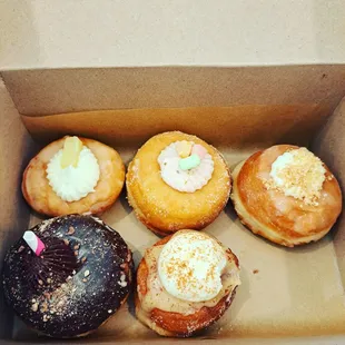 six different types of doughnuts in a box