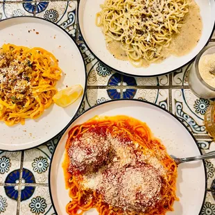 Spaghetti &amp; Meatballs, clam linguine, cacio e pepe