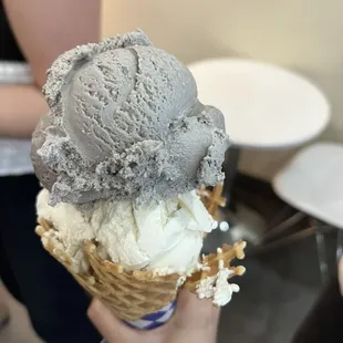 Black sesame and barley 2 scoops on a waffle cone