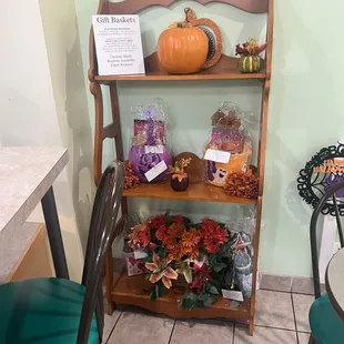 a display of pumpkins and candy