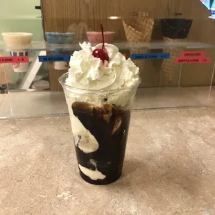 an ice cream sundae with a cherry on top
