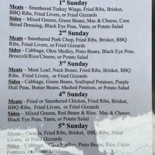 Soul Sunday menu  Menu changes every Sunday