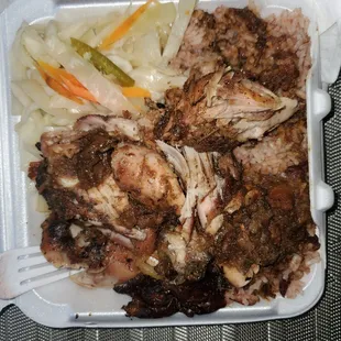 Small Jerk chicken, rice n peas, cabbage