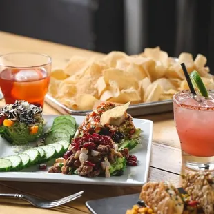 plates of food and drinks