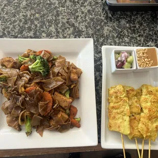 Pad see ew and Chicken Satay