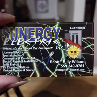 Billy's card. Sunergy Electric Services