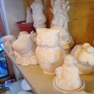 Bisque-ware hippo, owl, and other projects for painting.