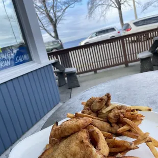 Fish and chips, chowder, and oyster basket