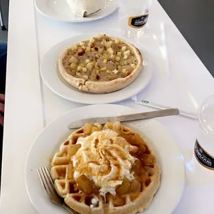 South tex burrito, breakfast pizza and apple and cinnamon waffle.