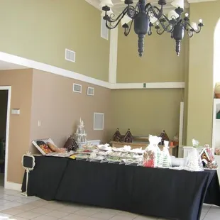 a dining room with a chandelier