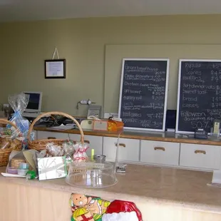 a counter and chalkboard