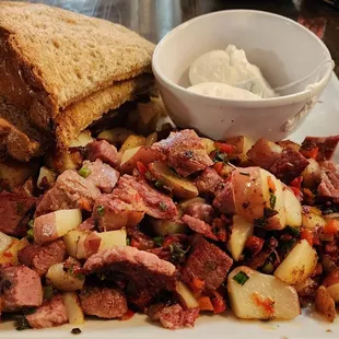 Corned Beef Hash w/generous wheat toast &amp; poached eggs (10/28/23)