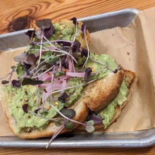 Avocado Toast {pickled red onion, local micro greens, chili flakes on sourdough} (minus fried egg)