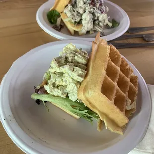 Chicken salad and egg salad waffle sandwiches