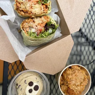 Buffalo Tempeh Wrap $10.99 Chocolate Chip Cookie Dough $4.99 side of Hot Chick&apos;n $6.99 To-Go Box $1.15