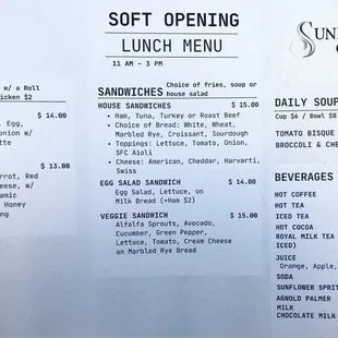 Soft opening menu - lunch