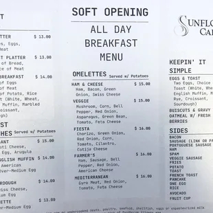 Soft opening menu - breakfast