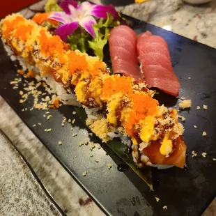Crazy Salmon Roll with 2 Toro (tuna belly) Nigiri - DELICIOUS