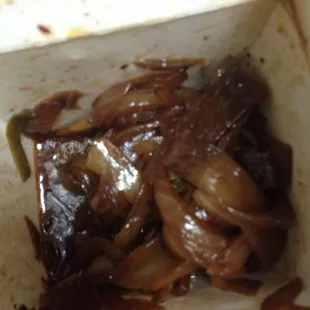 This was supposed to be Mongolian beef. This is over half the box of onions and this wasn't even all the onions I fished out.