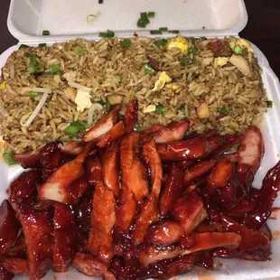 Spicy pork fried rice with extra green onions, boneless spare ribs with extra sauce..