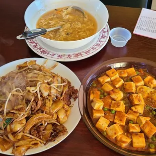 Hot &amp; sour soup, mapo tofu, and chow fun with beef