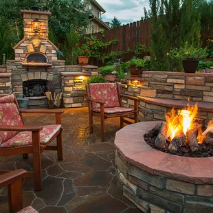 Gas Fire Pit, Pizza Oven and custom brick paver patio in Colorado Springs